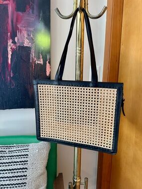 Woven Rattan Panel Black Tote Bag